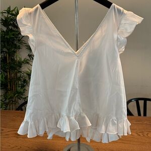 Caroline Constas White Ruffle Hem Flutter Sleeve V-Neck Top – Size Small